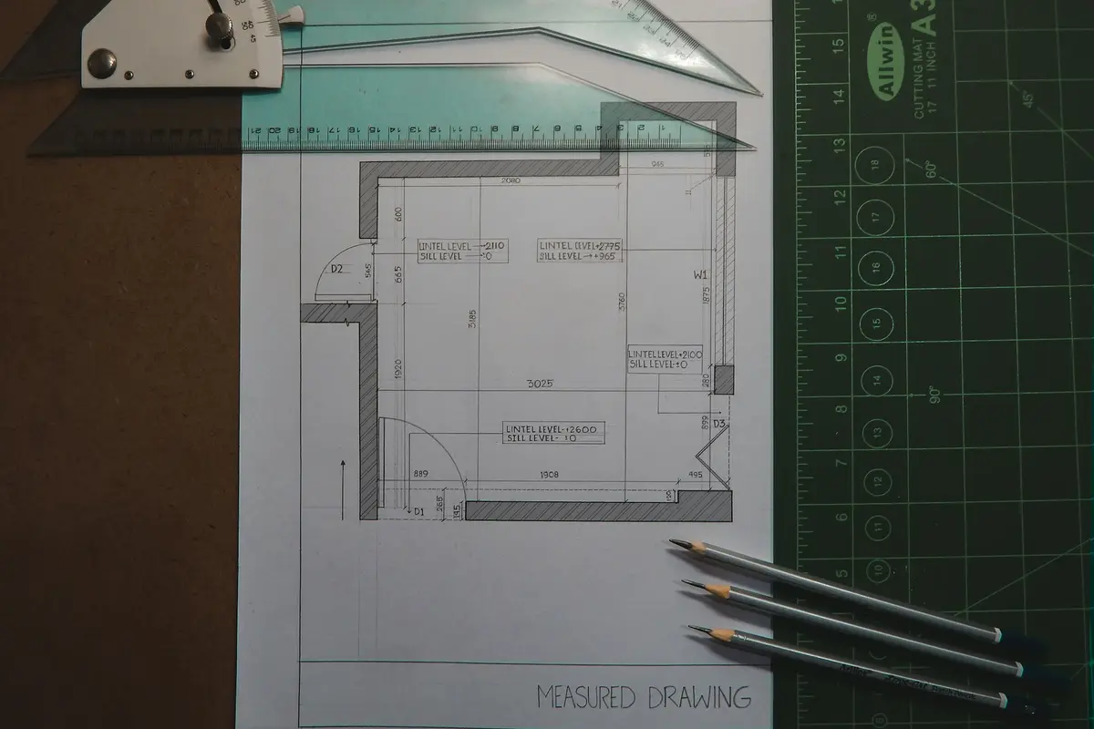 Measured floor plan of a single room with drafting pencils and a ruler, the kind of plan a buyer checks against licensed space for an early learning centre