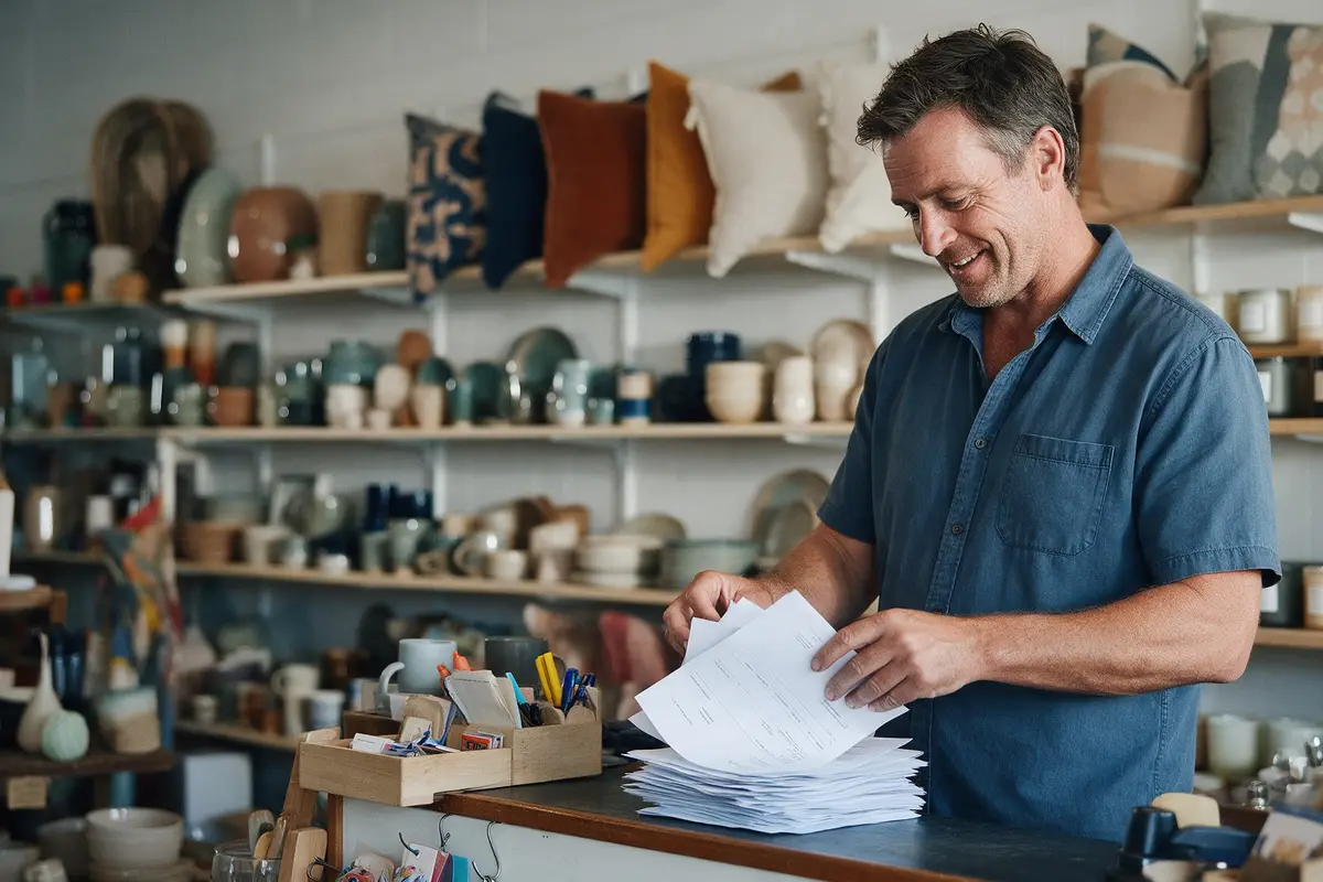 Whangārei retail store owner sorting loan statements into one pile at the shop counter