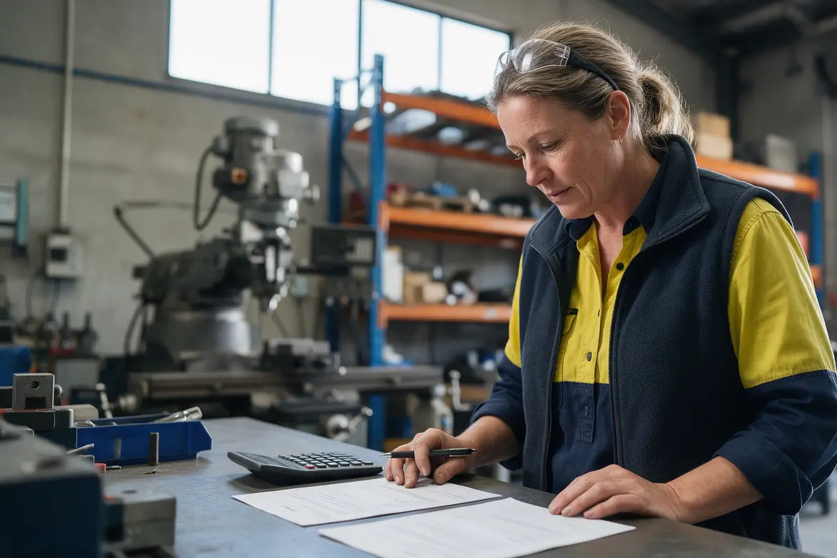 Christchurch manufacturing business owner comparing loan offers at a workbench in her factory