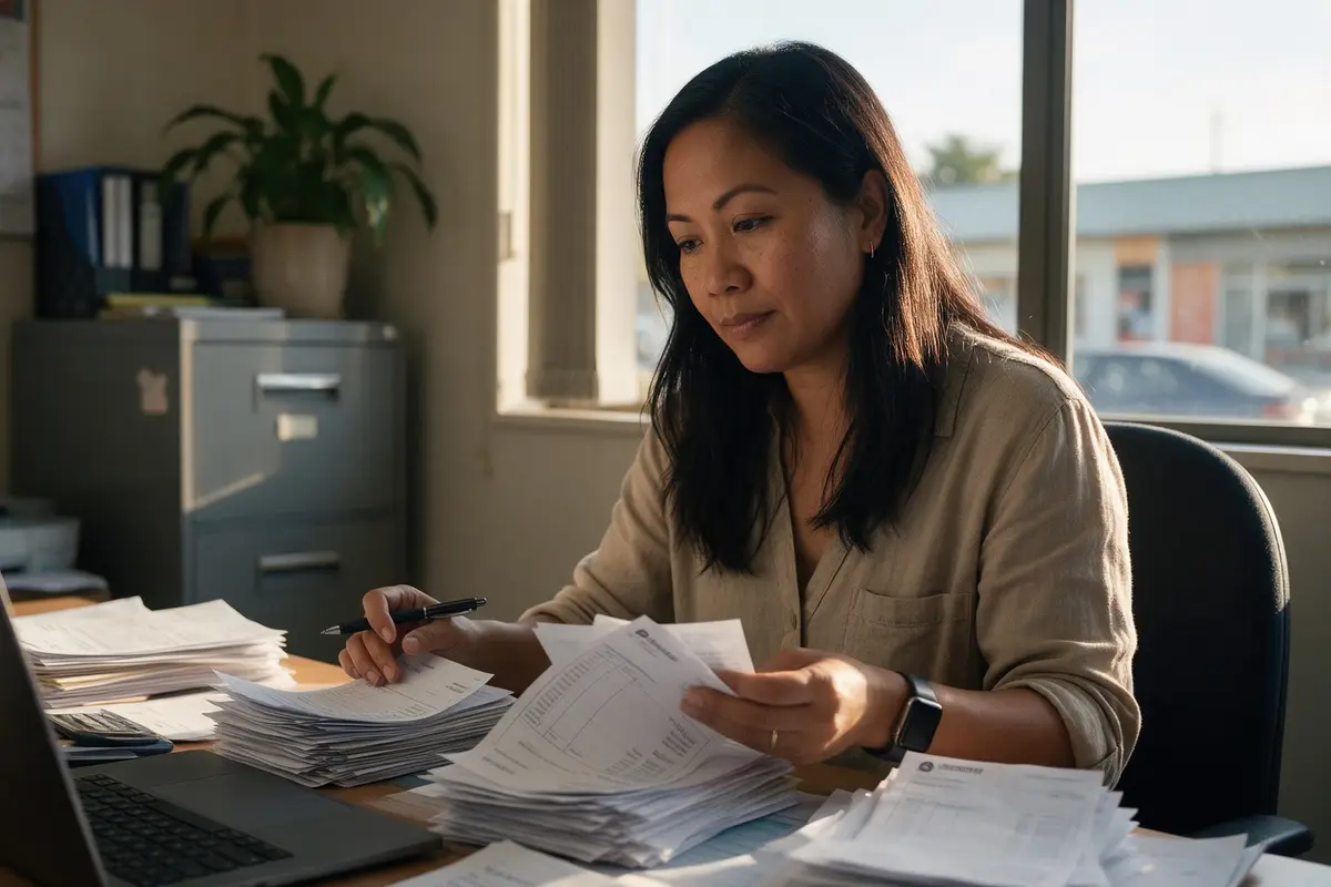 Hamilton small business owner sorting through loan paperwork and bank statements at her desk
