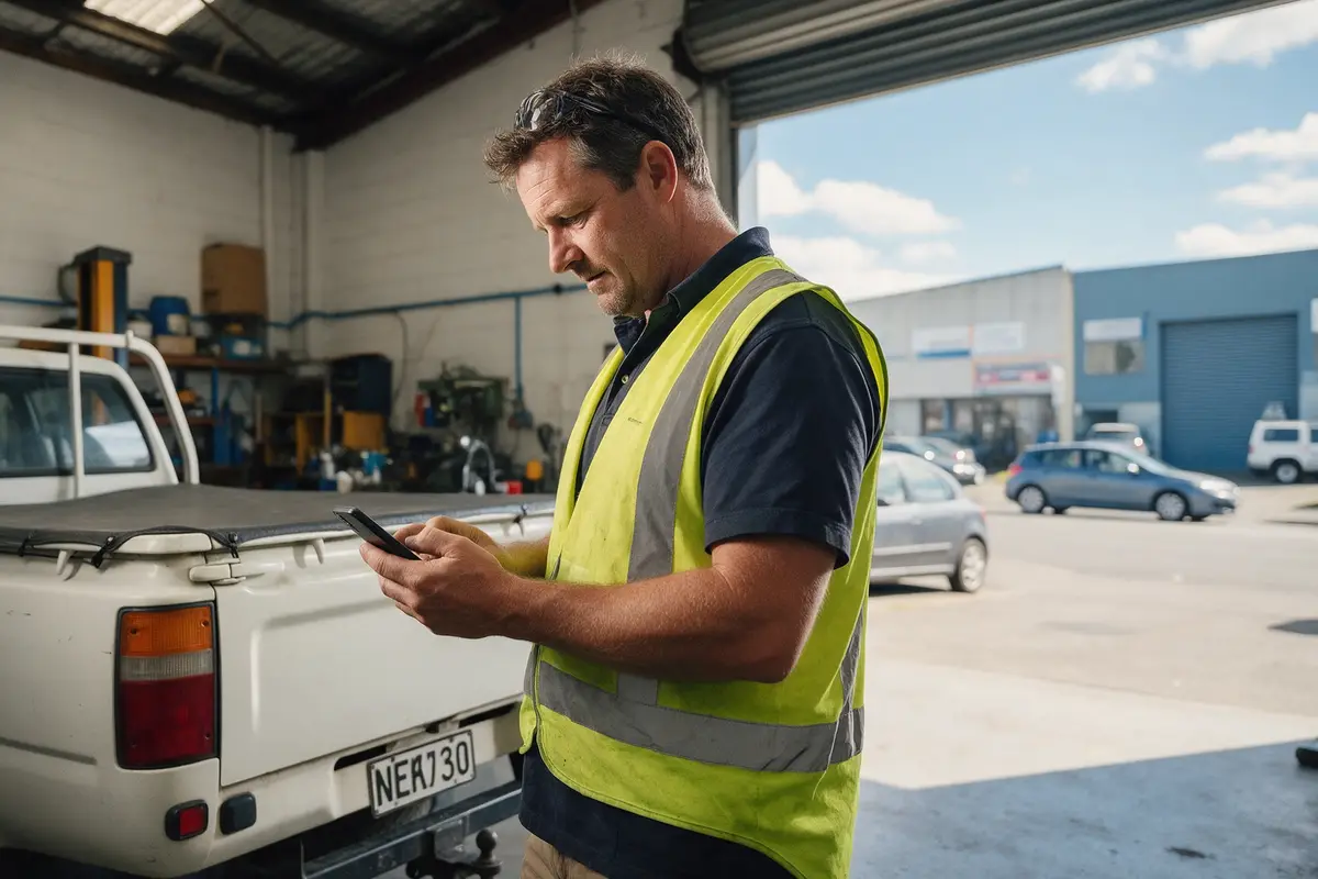 Kiwi workshop owner applying for a business loan on his phone beside a ute