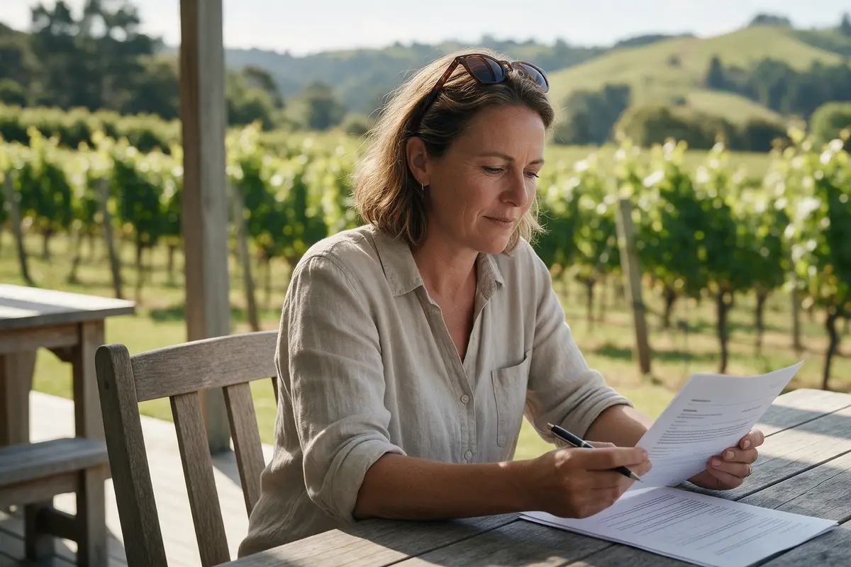 Nelson business owner reading through a commercial loan offer at an outdoor table