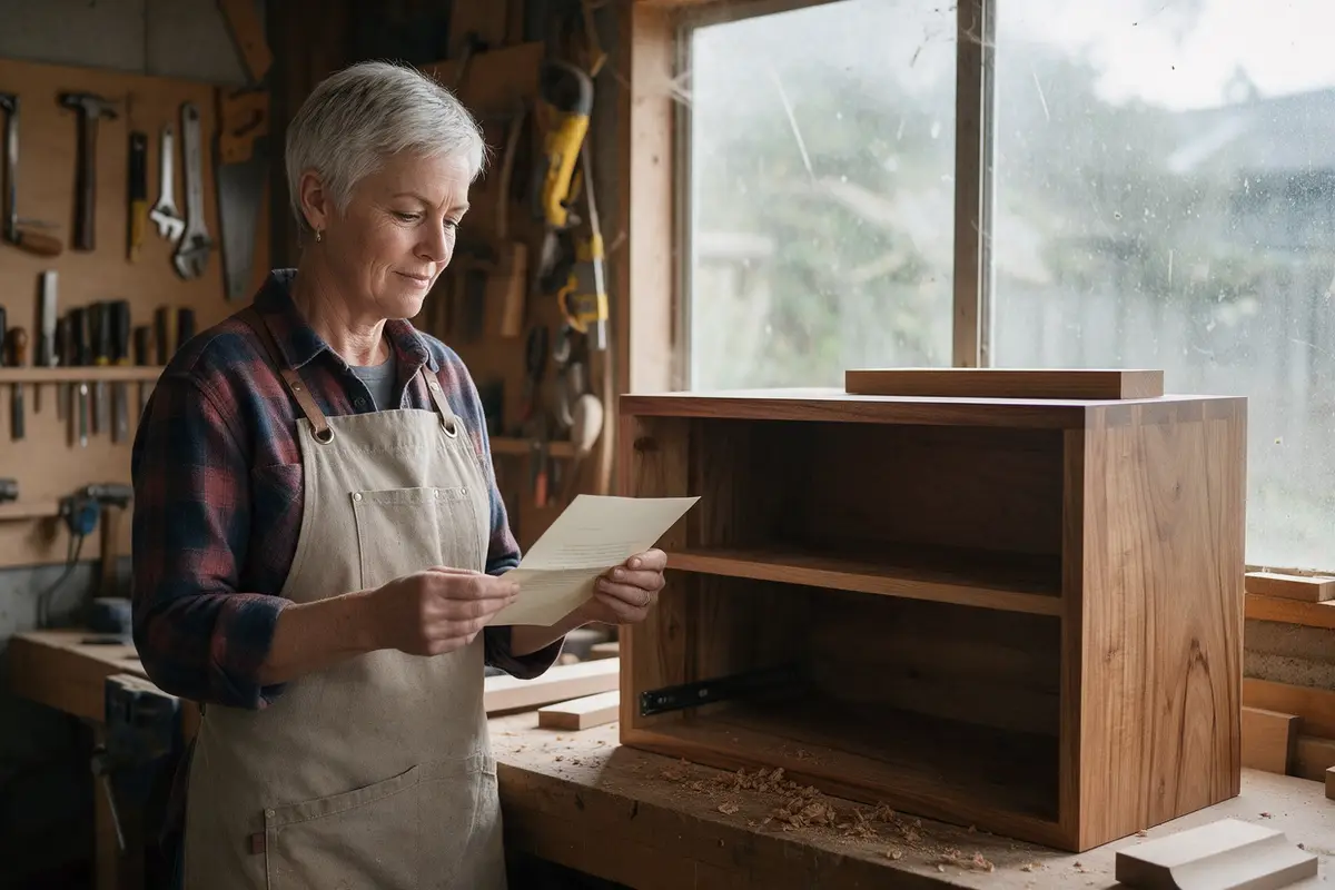 Nelson business owner reading a letter at her workshop bench with a thoughtful expression