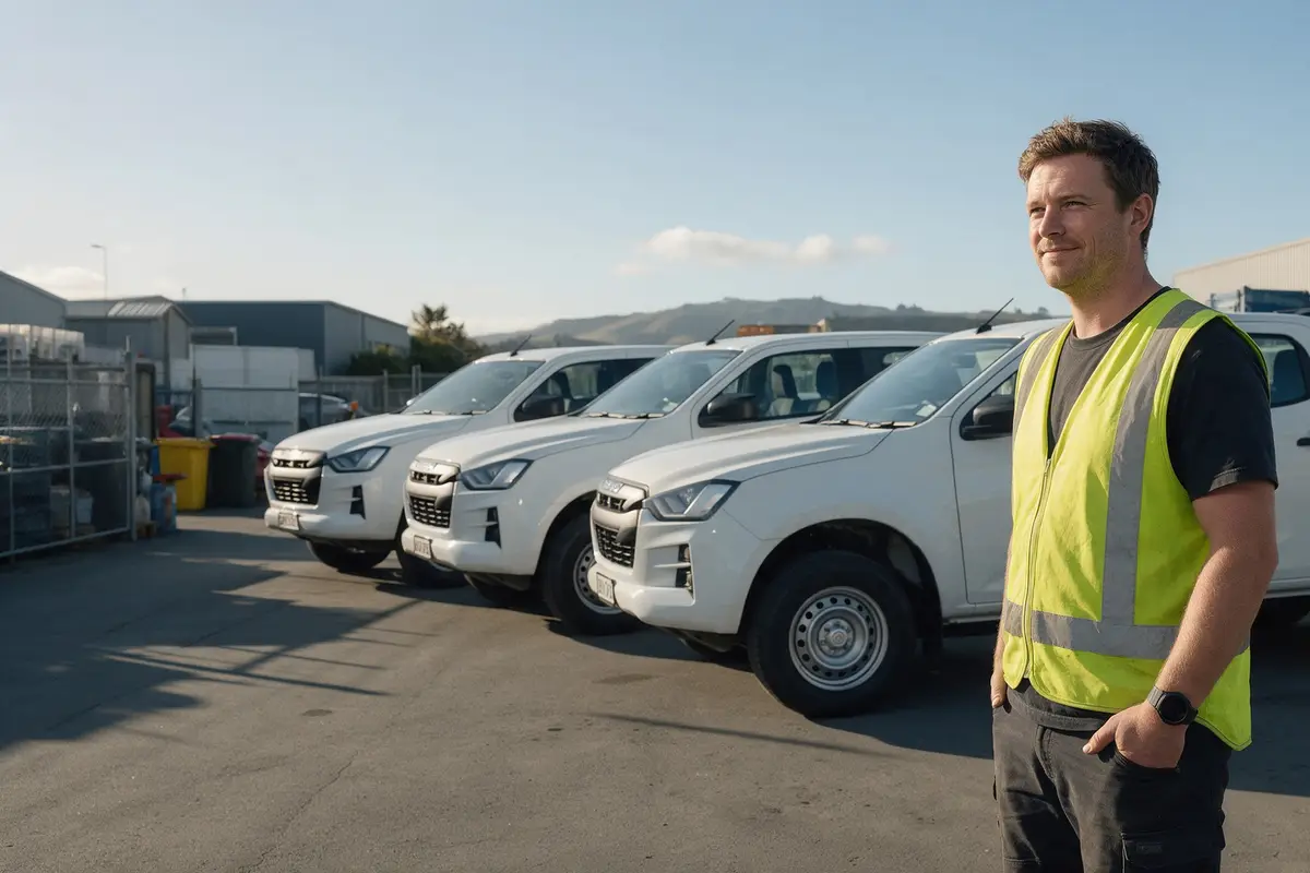 Kiwi tradie standing beside a row of new white work utes in a business yard