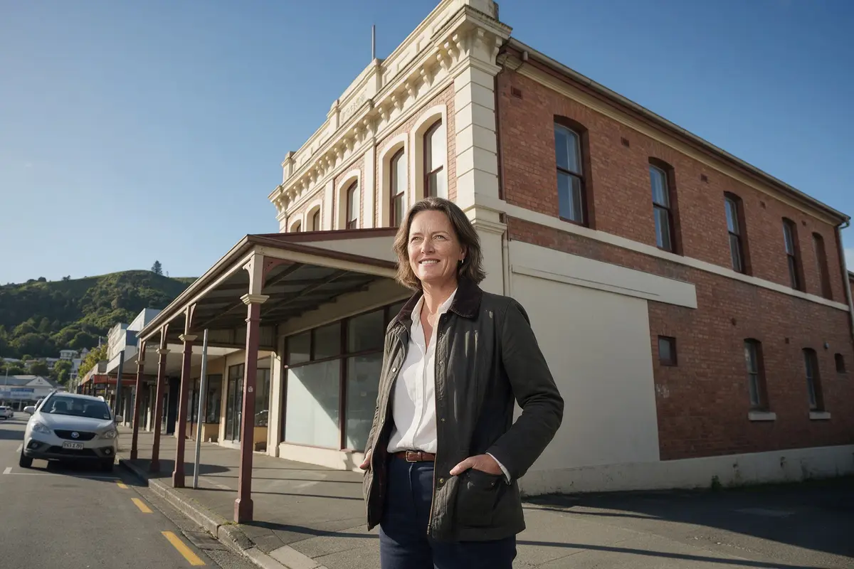 Nelson business owner standing outside her small commercial building after arranging a private first mortgage