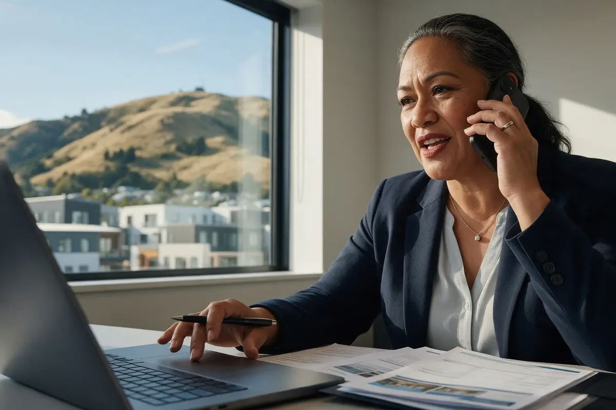 Christchurch business owner on the phone arranging a fast private mortgage from her office