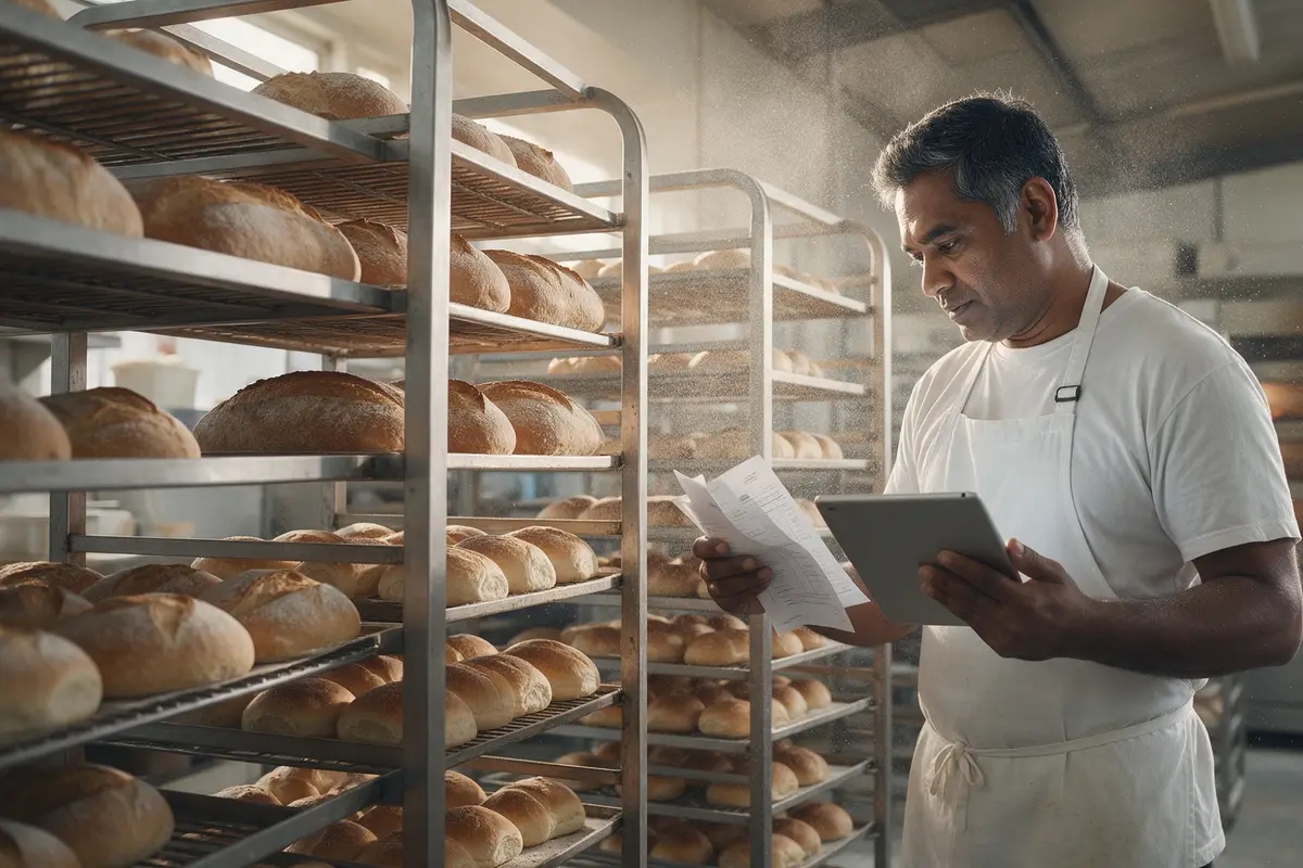 Palmerston North wholesale bakery owner checking invoices on a tablet beside trays of fresh bread