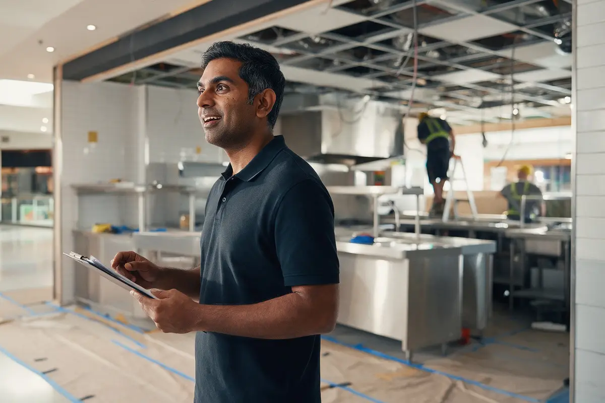New franchisee standing in a partly fitted-out food outlet in a shopping centre