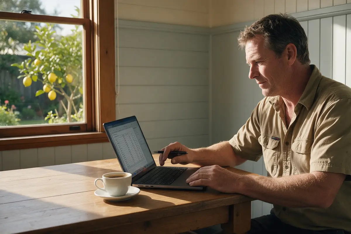 Tauranga builder reviewing his property equity at the kitchen table of his weatherboard home