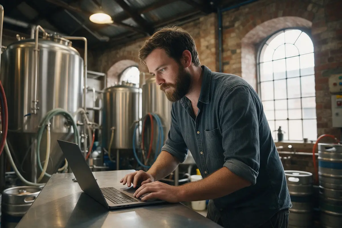 Dunedin craft brewery owner planning a business loan application on a laptop beside brewing tanks
