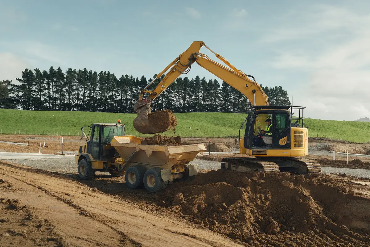 Excavator operator on an earthworks site in rural Waikato with green rolling hills behind
