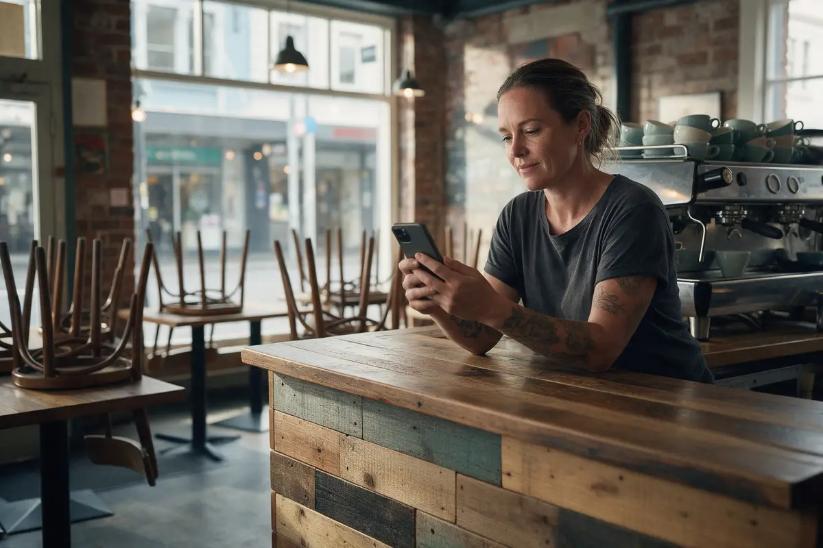 Wellington café owner checking a loan enquiry on her phone behind the counter before opening