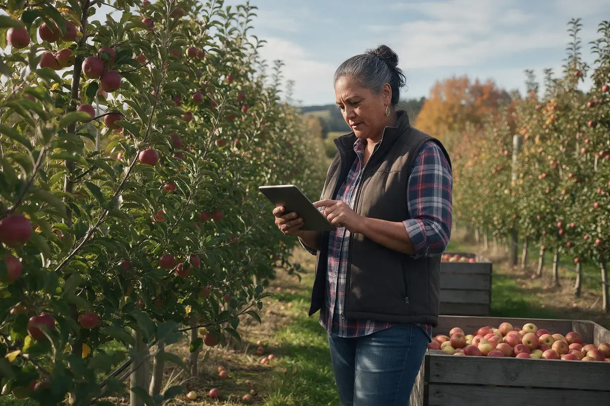 Hawke's Bay orchard owner reviewing second mortgage finance on a tablet between rows of apple trees