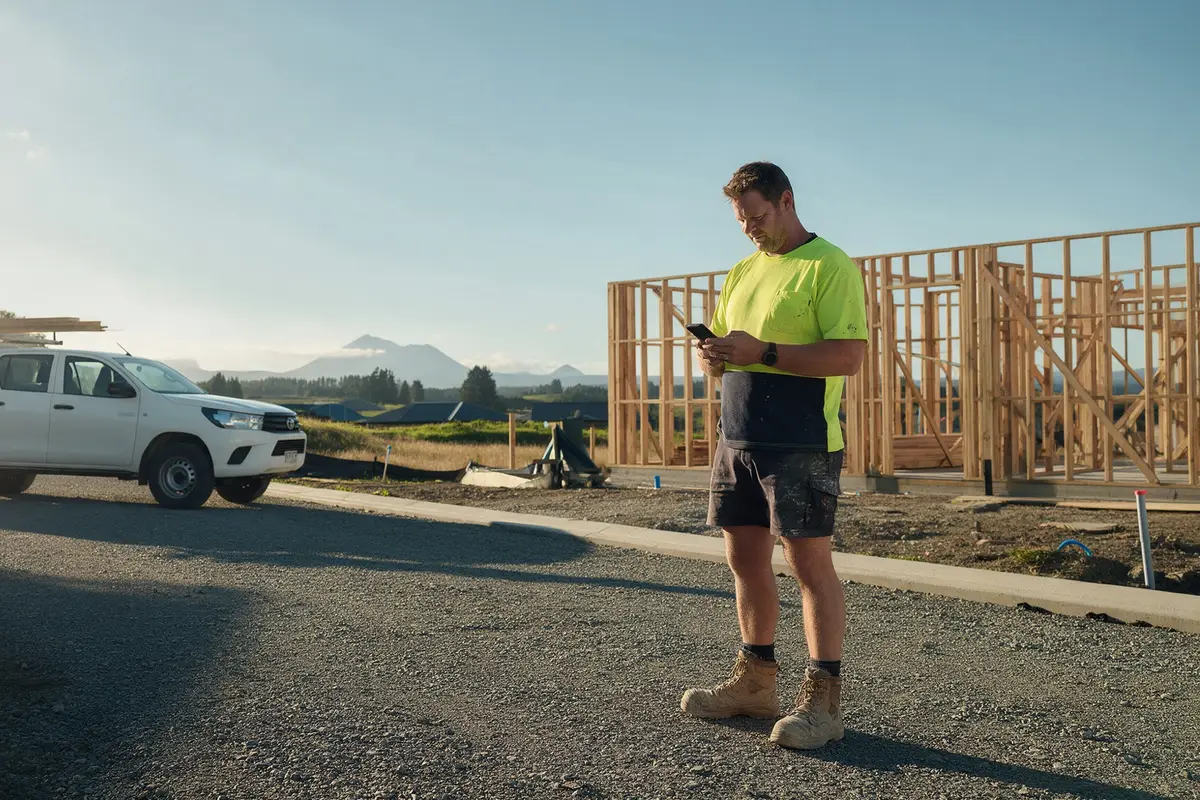Self-employed builder checking his phone beside his ute on a residential building site