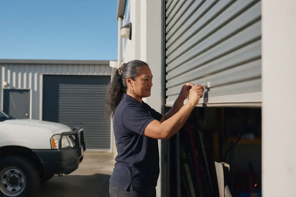 New business owner unlocking the roller door of a small workshop in Tauranga on opening day
