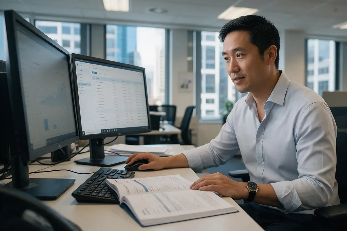 Credit assessor reviewing a small business loan application on two screens in an Auckland office